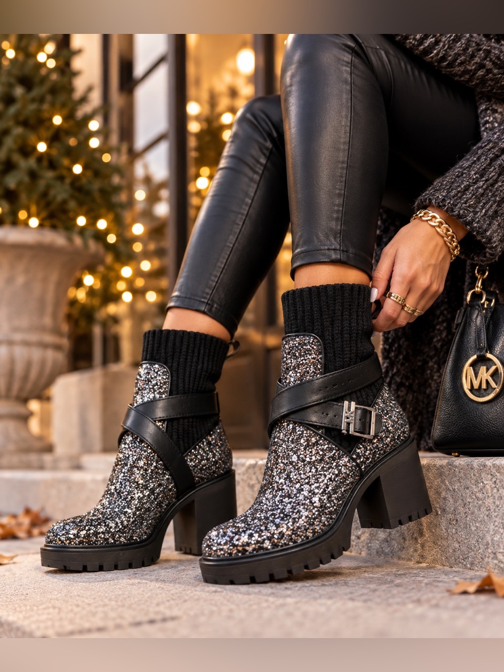 Michael Kors Keisha Glitter Sock Boots Black Silver Lug Sole 7.5M